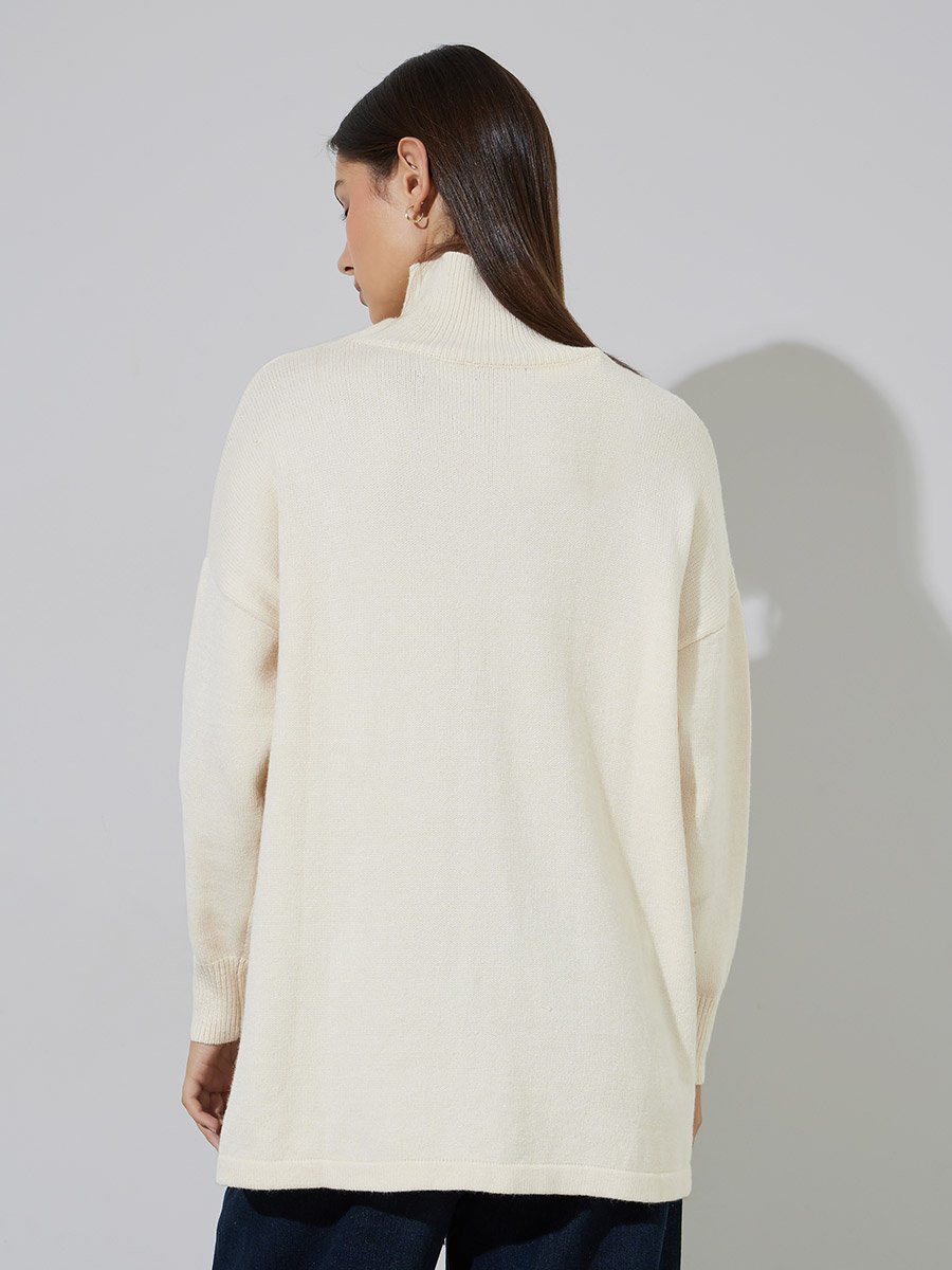 Cream Turtle Neck Oversized Knit Top