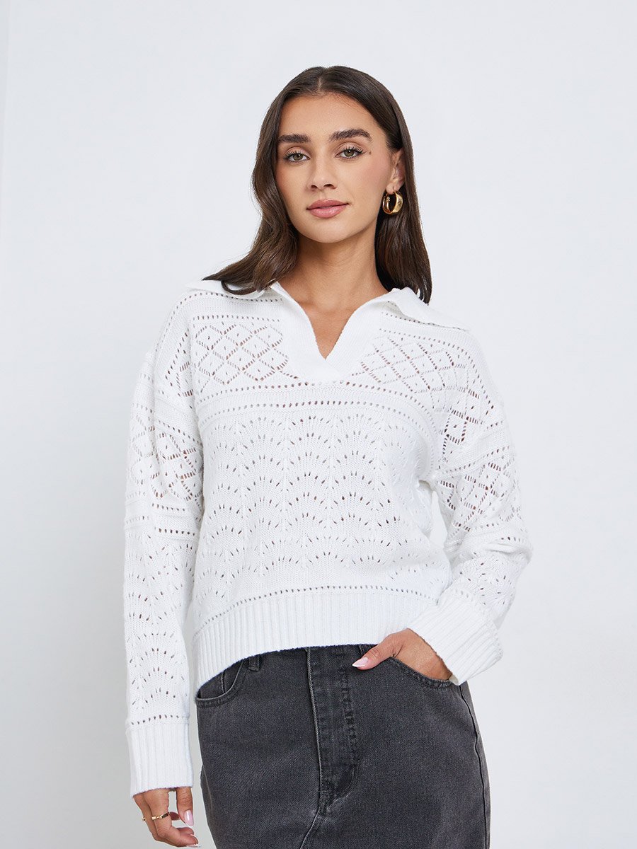 White Knit Long Sleeve Top