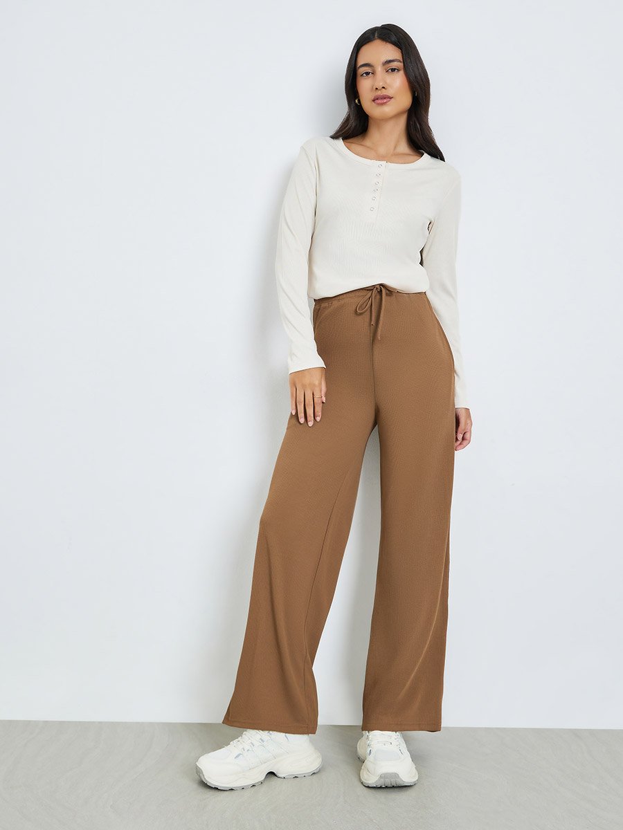 Beige Solid Wide Leg Joggers