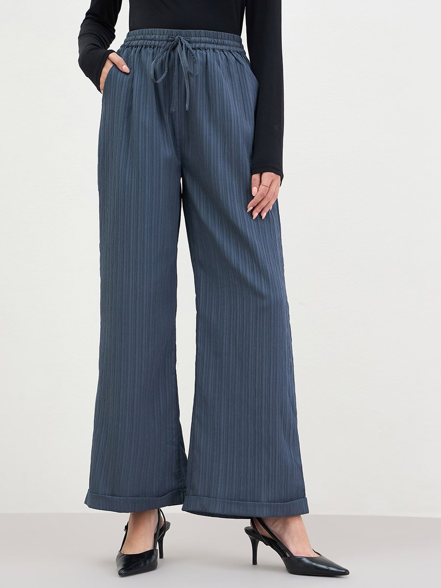 Women Grey Textured Wide Leg Trousers