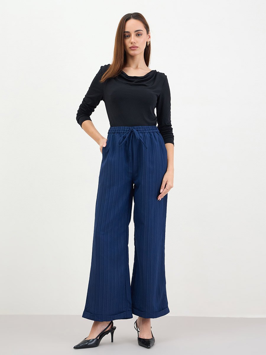 Women Navy Blue Wide Leg Trousers