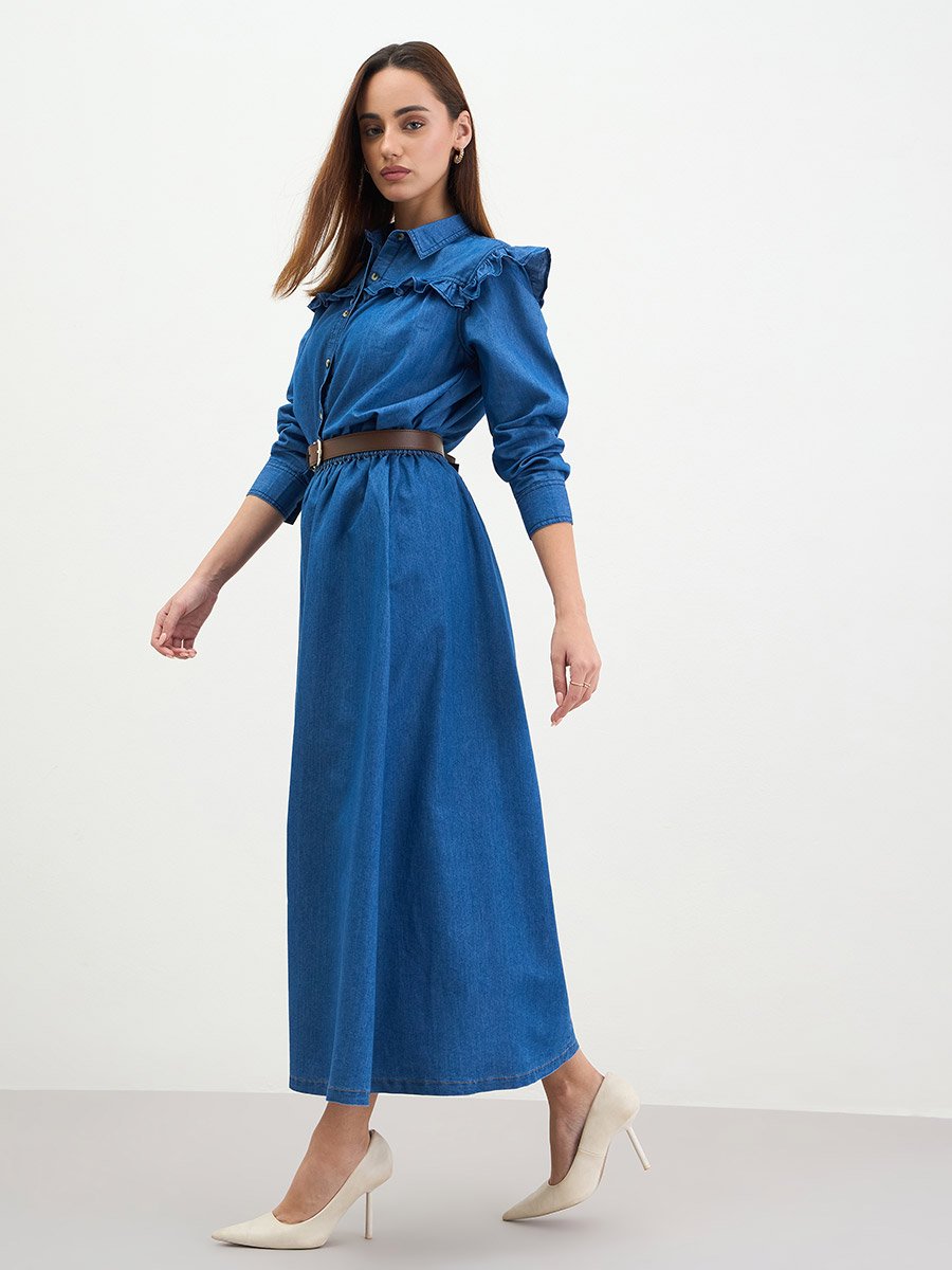 Blue Denim Maxi Skirt with Elastic Waistband