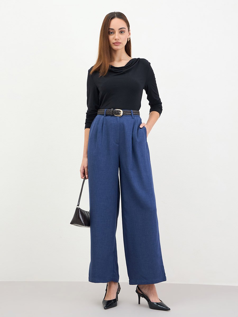 Women Navy Blue Wide Leg Trousers