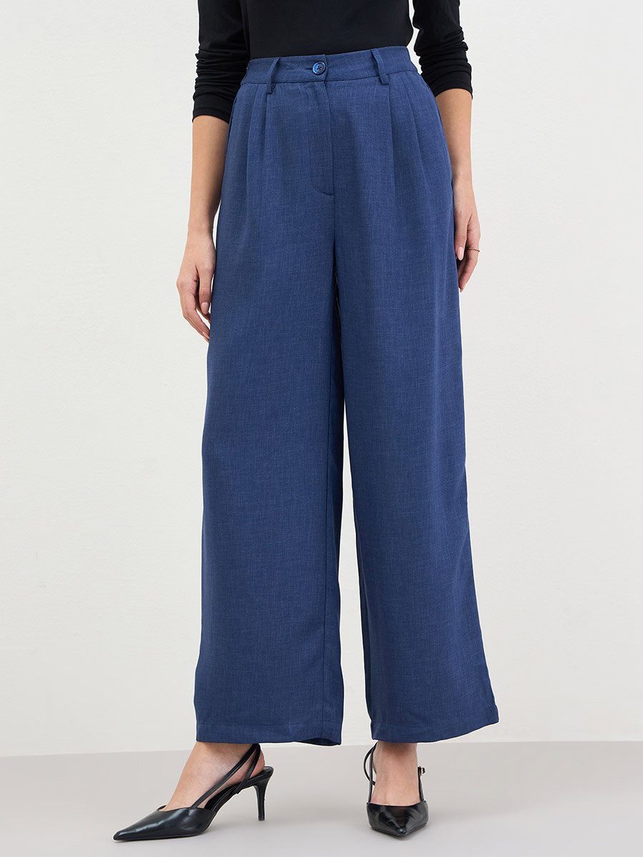 Women Navy Blue Wide Leg Trousers