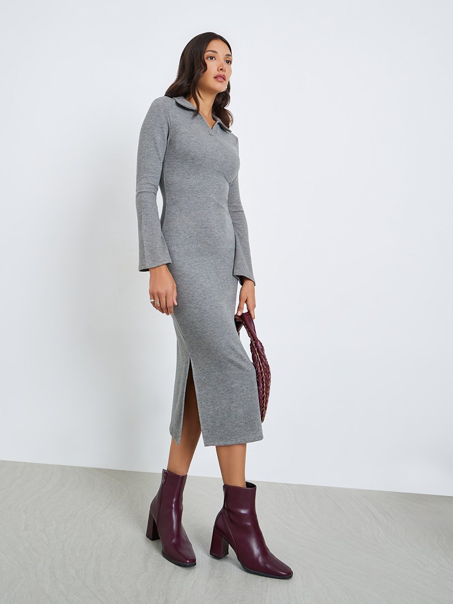 Women Grey Ribbed Collared Midi Dress