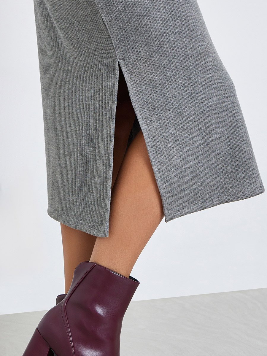 Women Grey Ribbed Collared Midi Dress