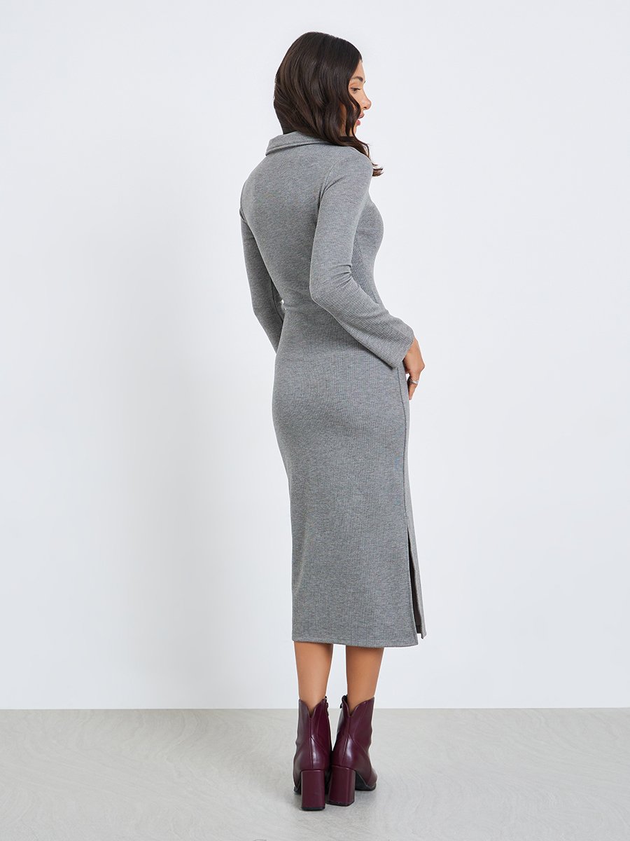 Women Grey Ribbed Collared Midi Dress