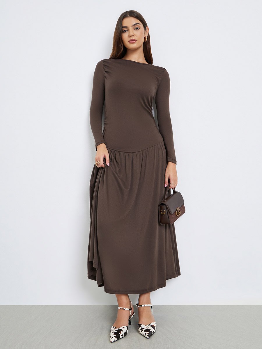 Brown Gathered Detail A-Line Maxi Dress