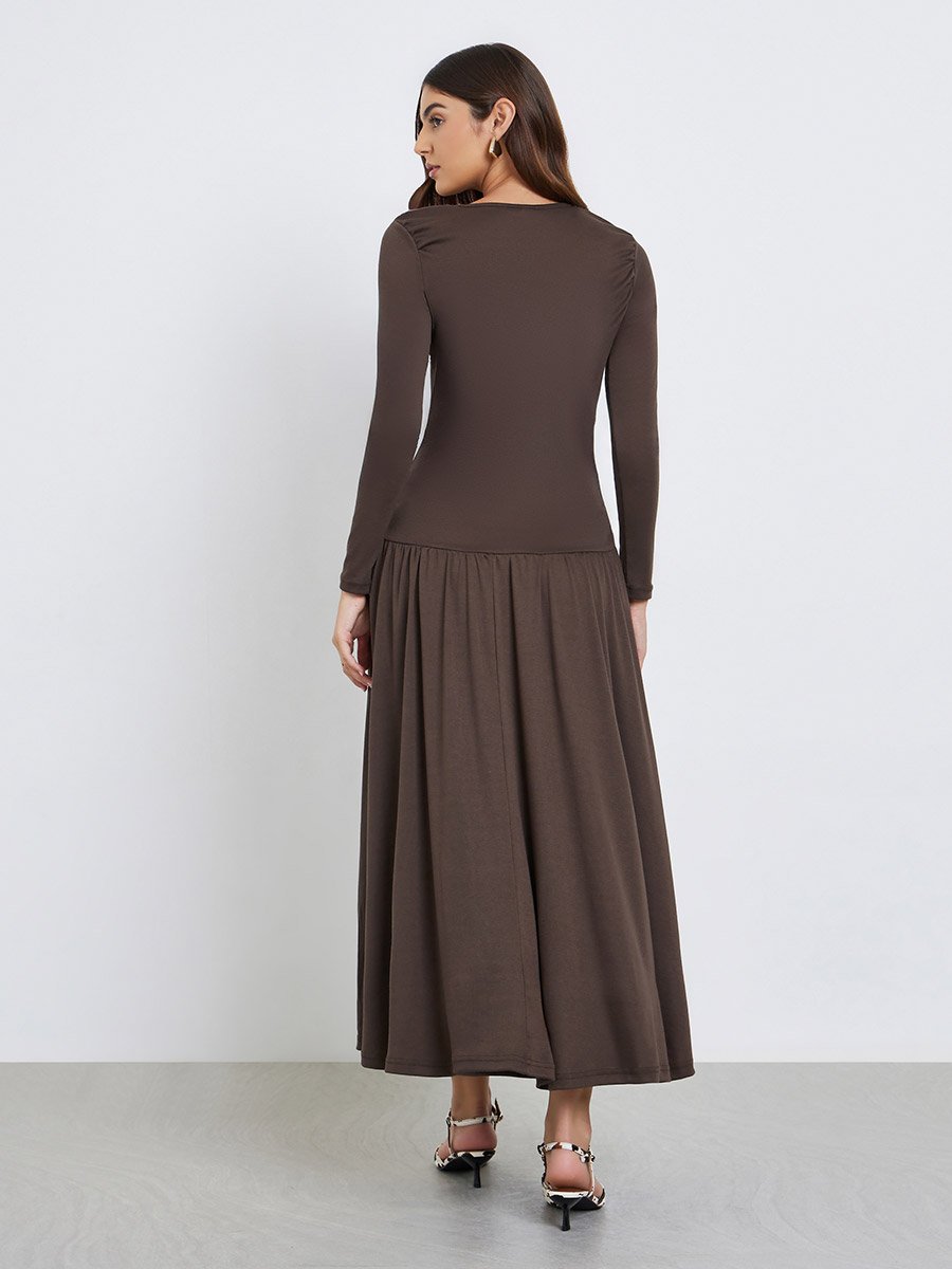 Brown Gathered Detail A-Line Maxi Dress