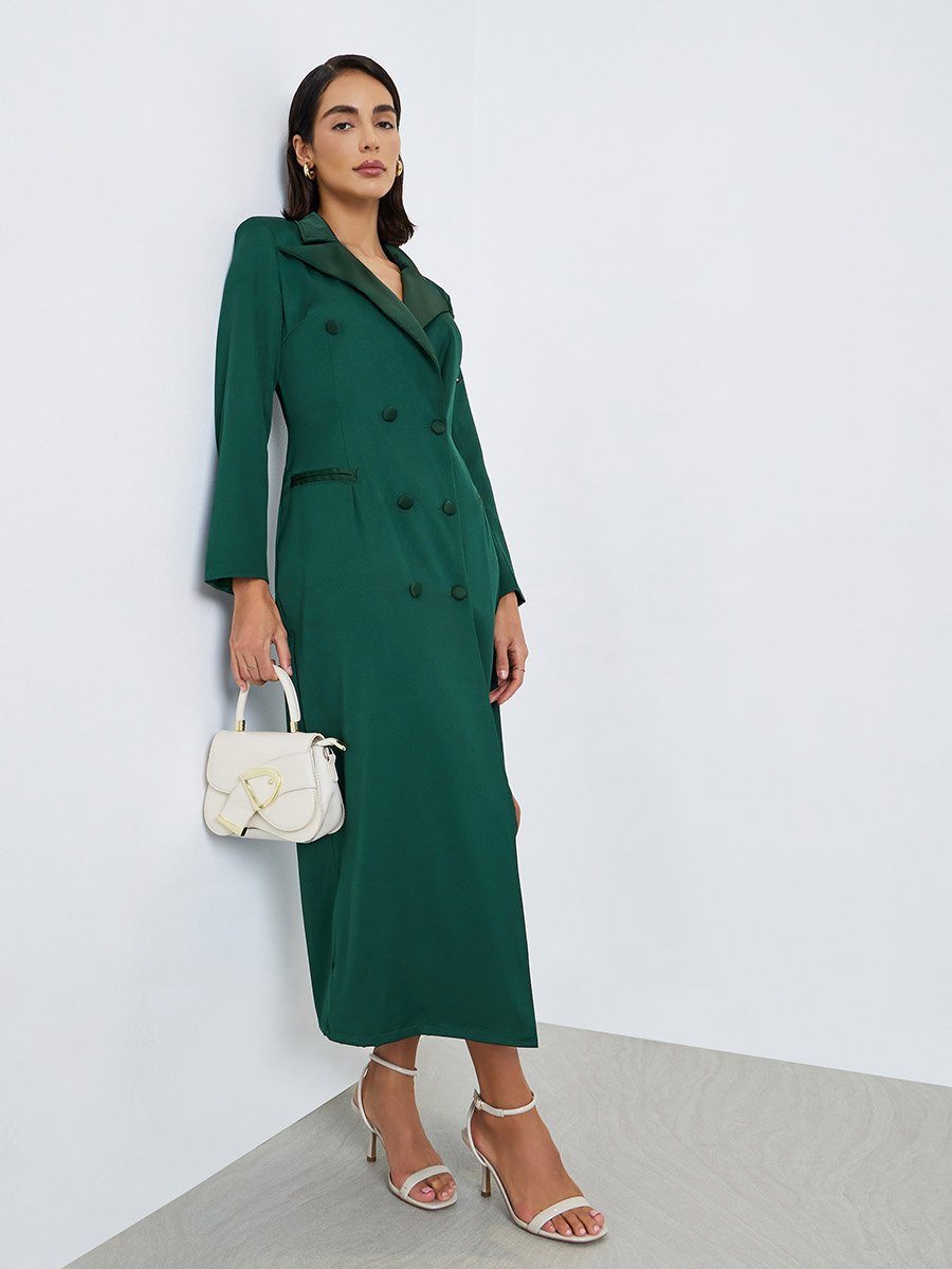 Green Double Breasted Blazer Maxi Dress For Women at Kuwait | Styli