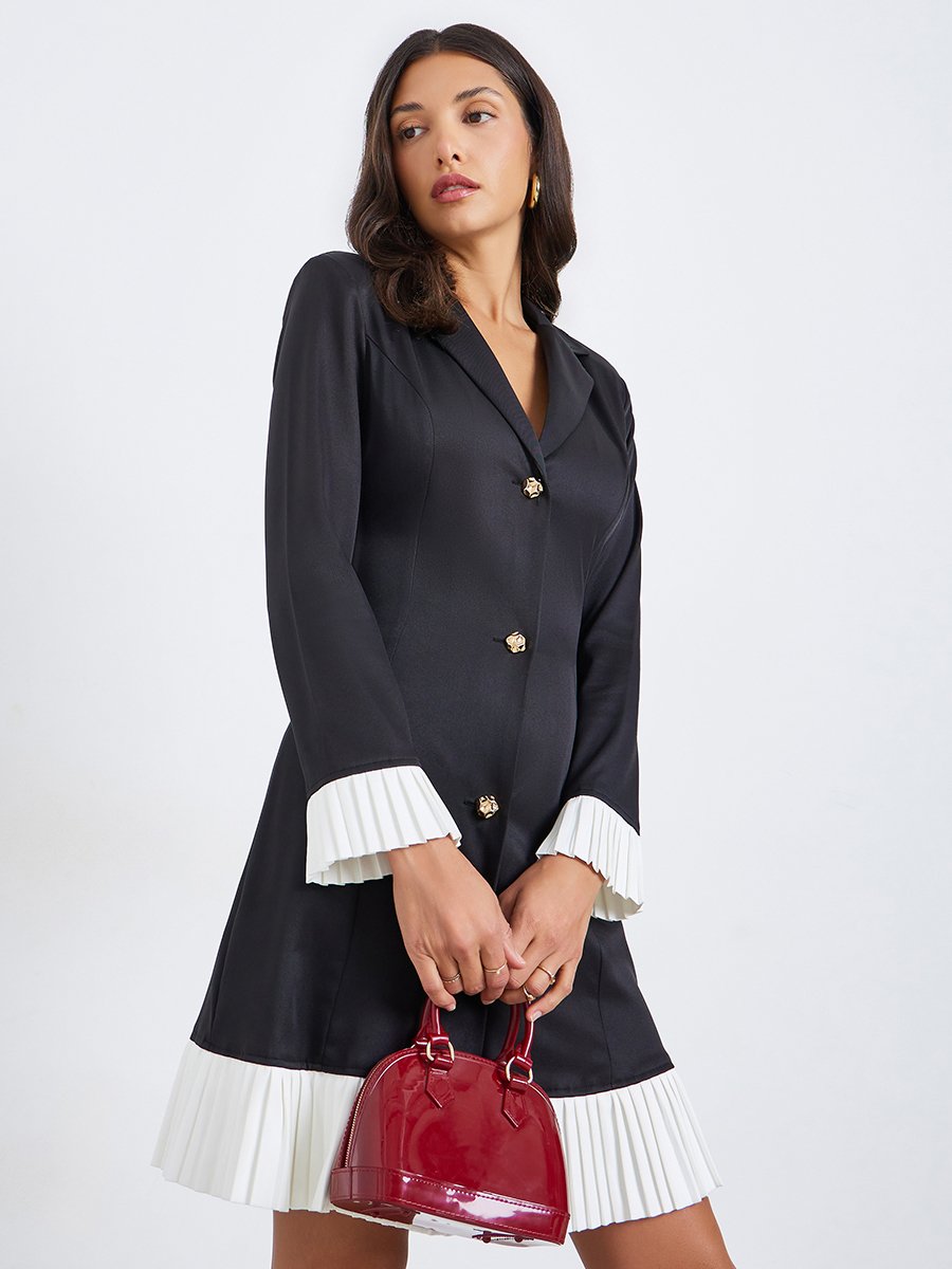 open lace back dress Tweed Double Breasted Pleated Hem Blazer Dress - Blackandwhite main image 1