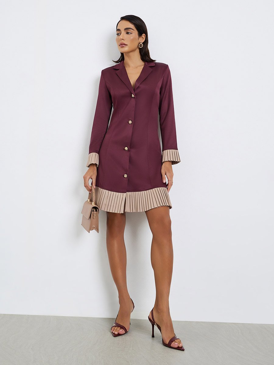 Women Maroon Pleated Hem Knee Length Blazer Dress