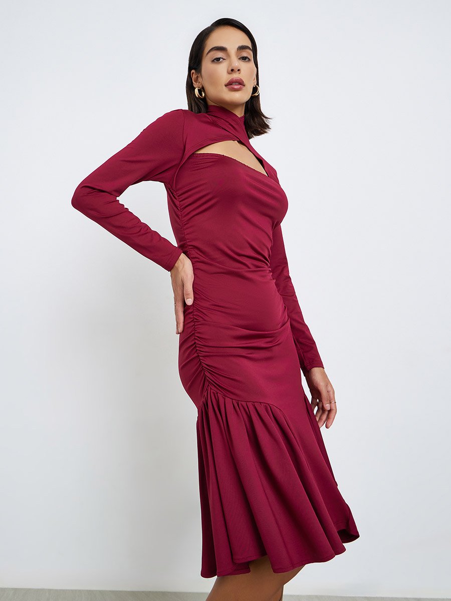 Black Cut-Out Yoke Knee Length Dress