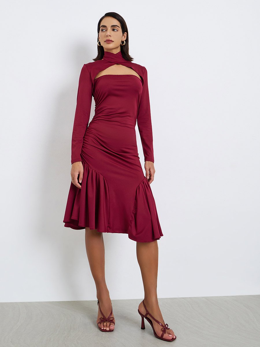 Black Cut-Out Yoke Knee Length Dress