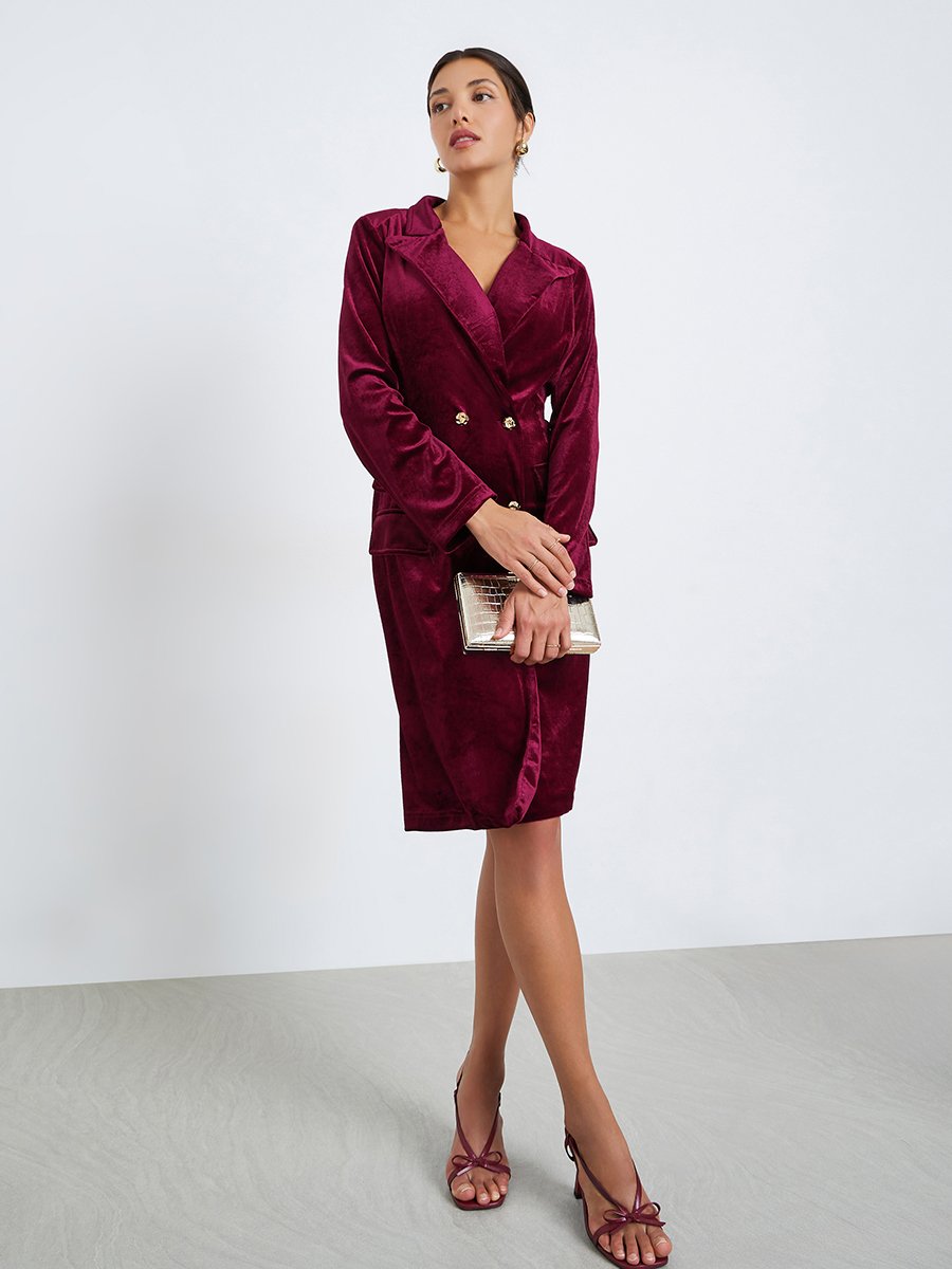 Women Burgundy Velvet Blazer Knee-Length Dress For Women at Saudi | Styli Women Burgundy Velvet Blazer Knee-Length Dress For Women at Saudi | Styli