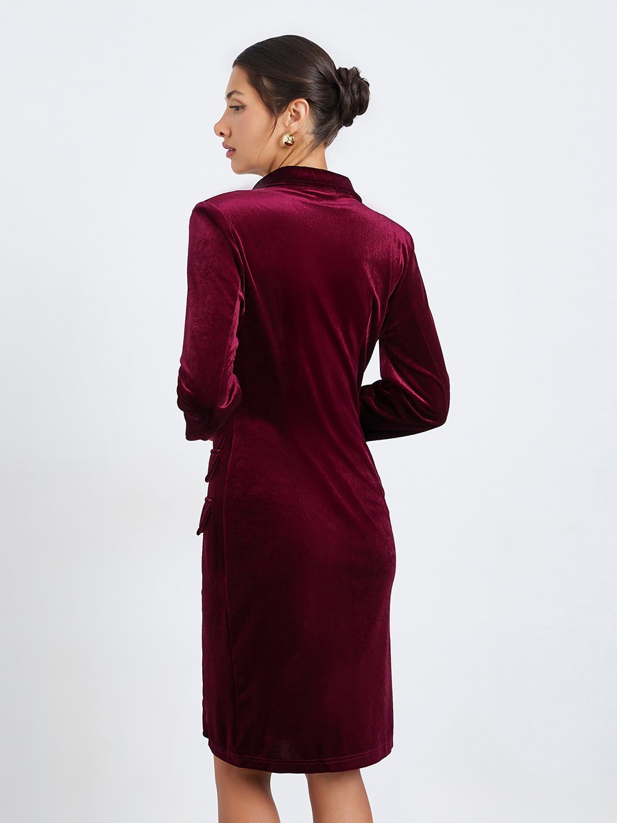 Women Burgundy Velvet Blazer Knee-Length Dress For Women at Saudi | Styli