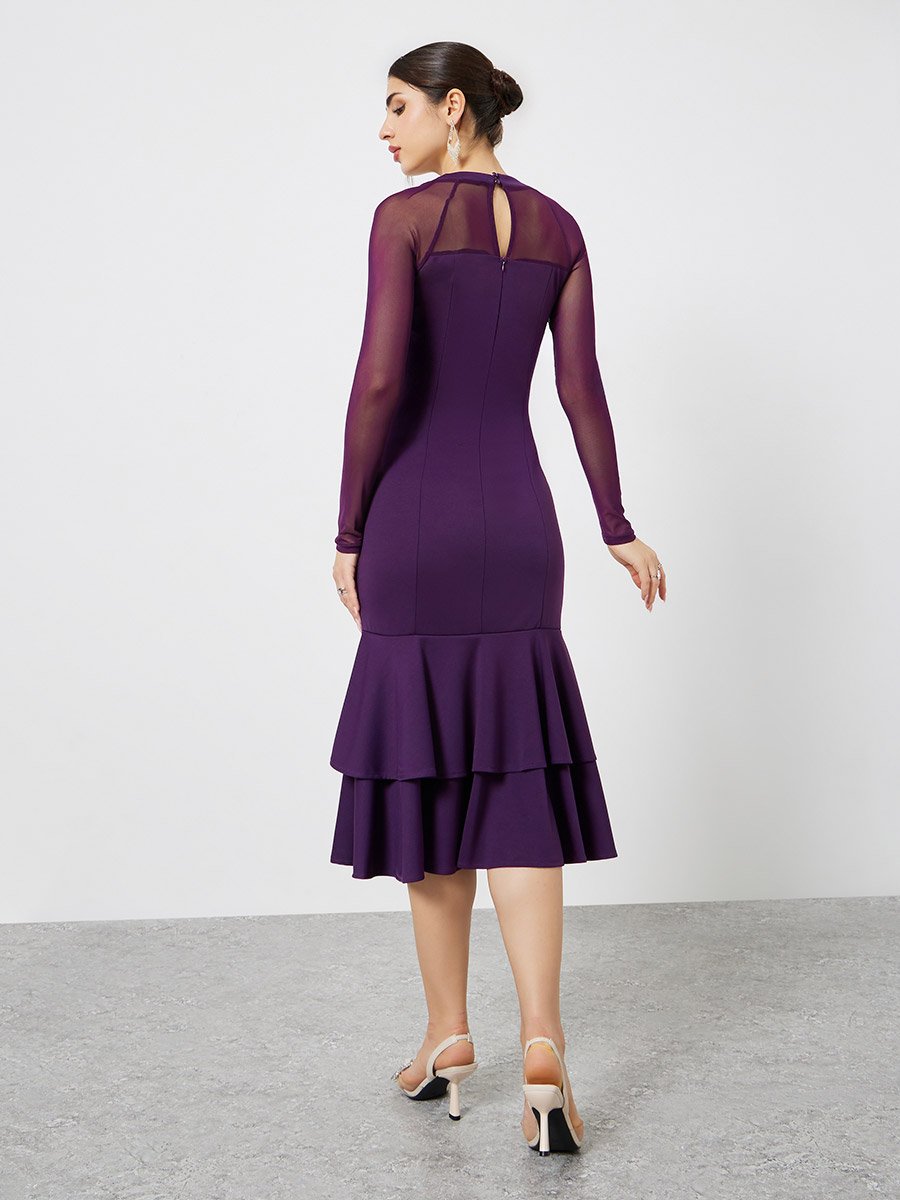 Purple Mesh Long Sleeves Mermaid Hem Midi Dress