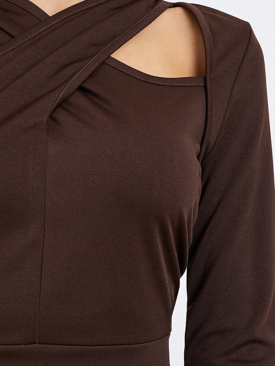 Brown Criss-Cross Front Midi Dress For Women at Bahrain