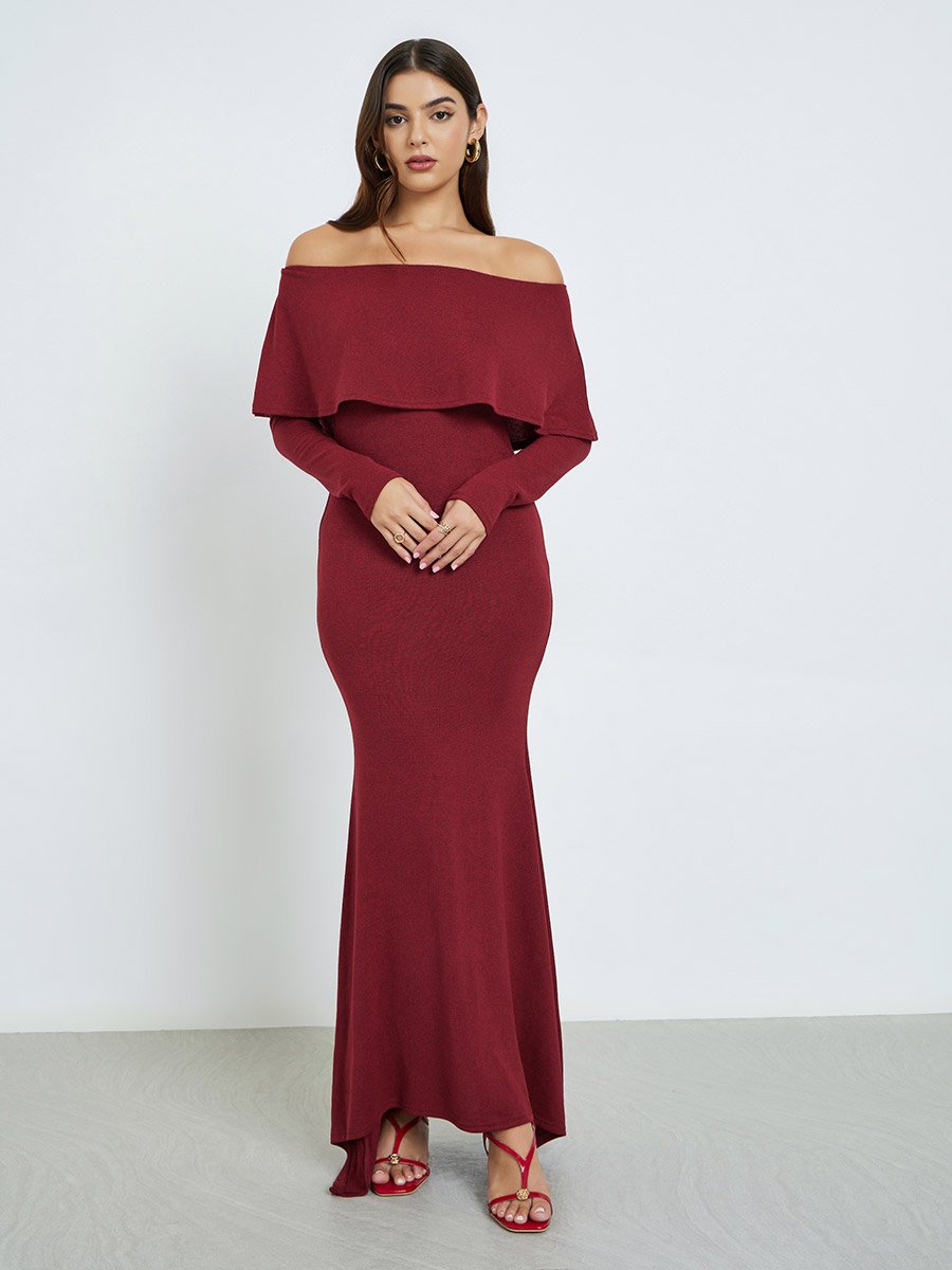 Maroon Off-Shoulder Knit Maxi Dress