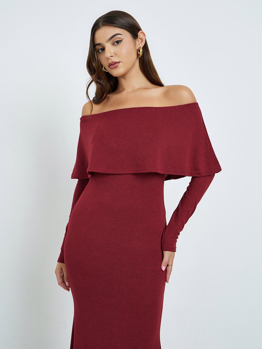 Maroon Off-Shoulder Knit Maxi Dress