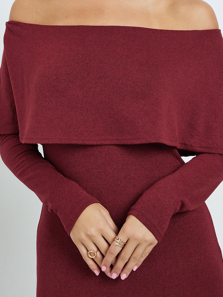 Maroon Off-Shoulder Knit Maxi Dress