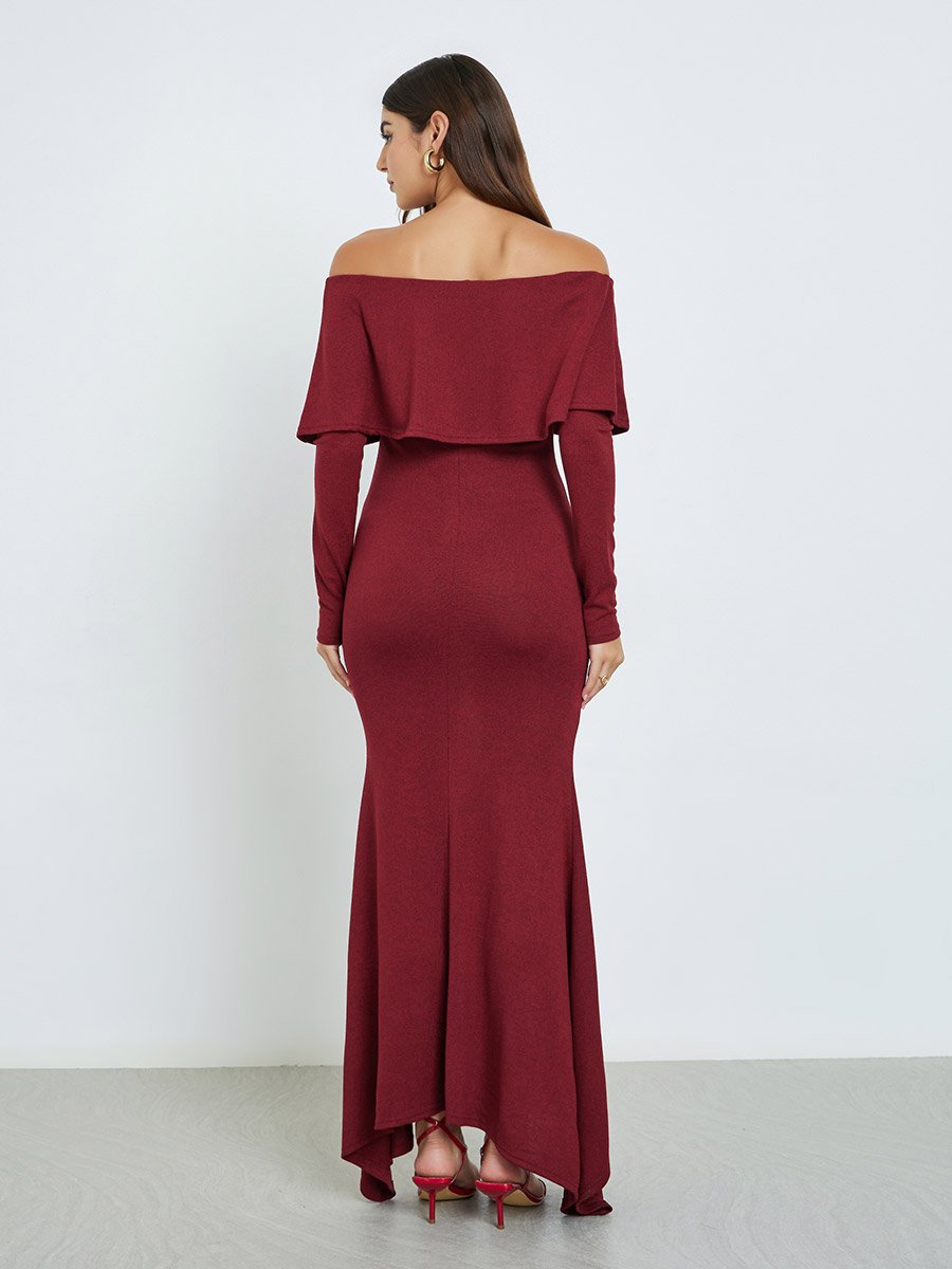 Maroon Off-Shoulder Knit Maxi Dress