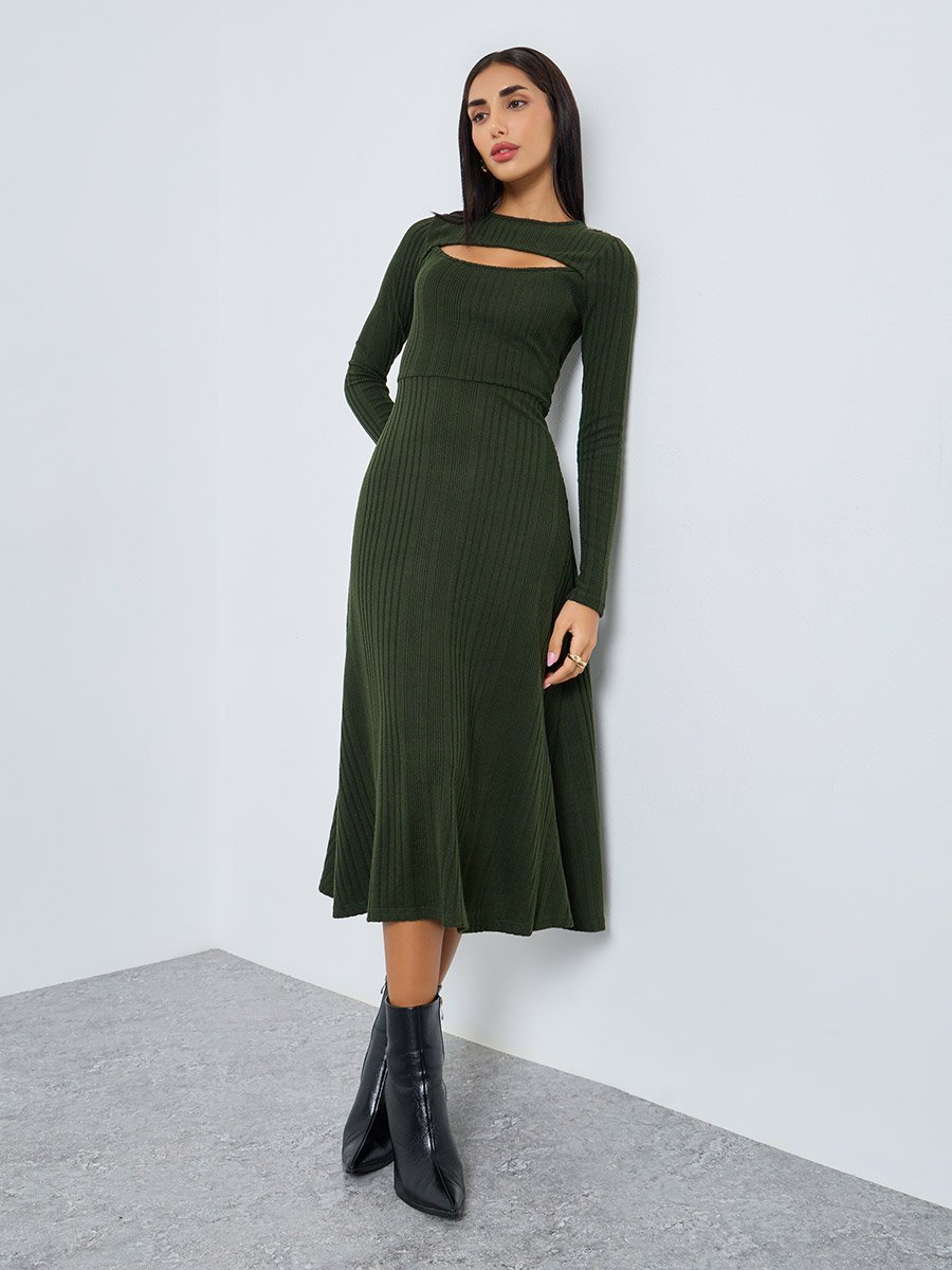 Olive Green Ribbed A-Line Midi Dress For Women at Saudi | Styli