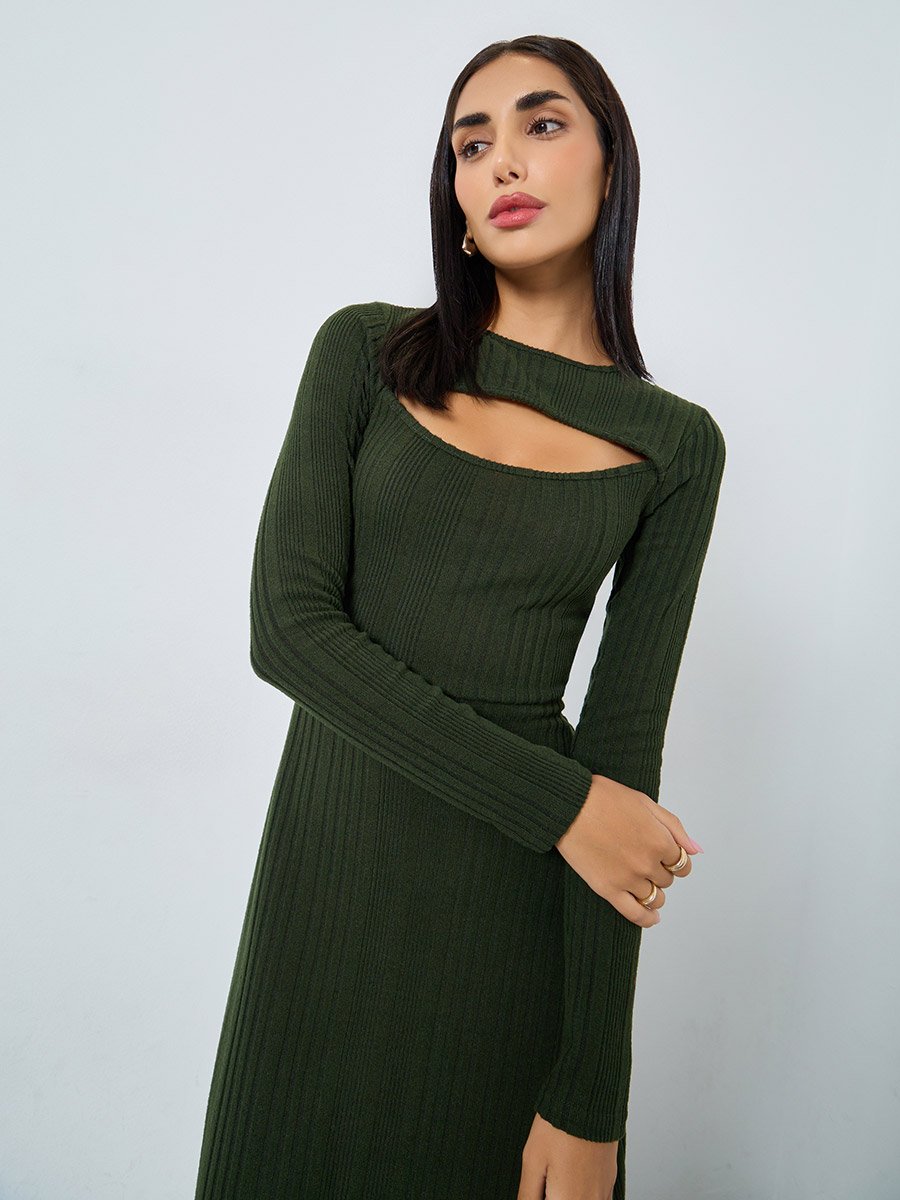 Olive Green Ribbed A-Line Midi Dress For Women at Saudi | Styli Olive Green Ribbed A-Line Midi Dress For Women at Saudi | Styli