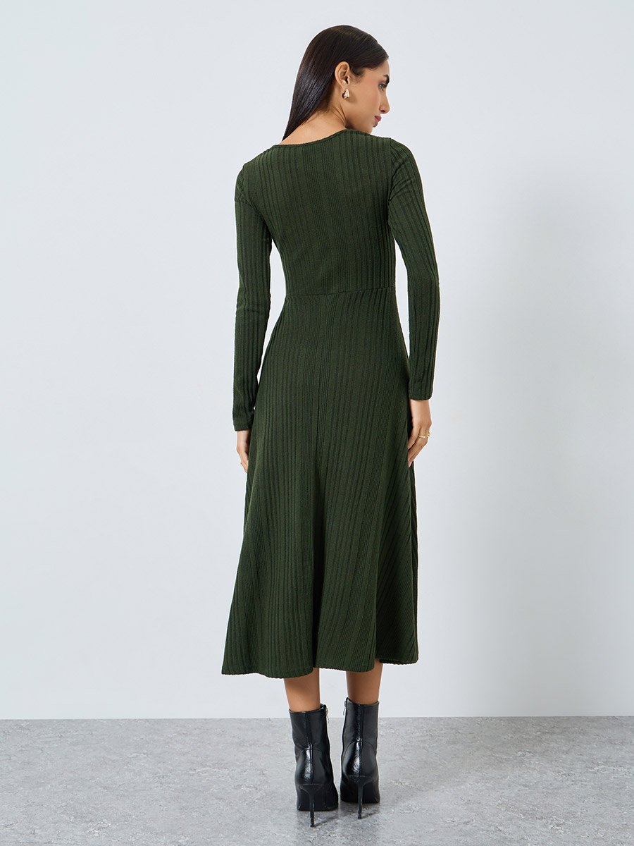Olive Green Ribbed A-Line Midi Dress