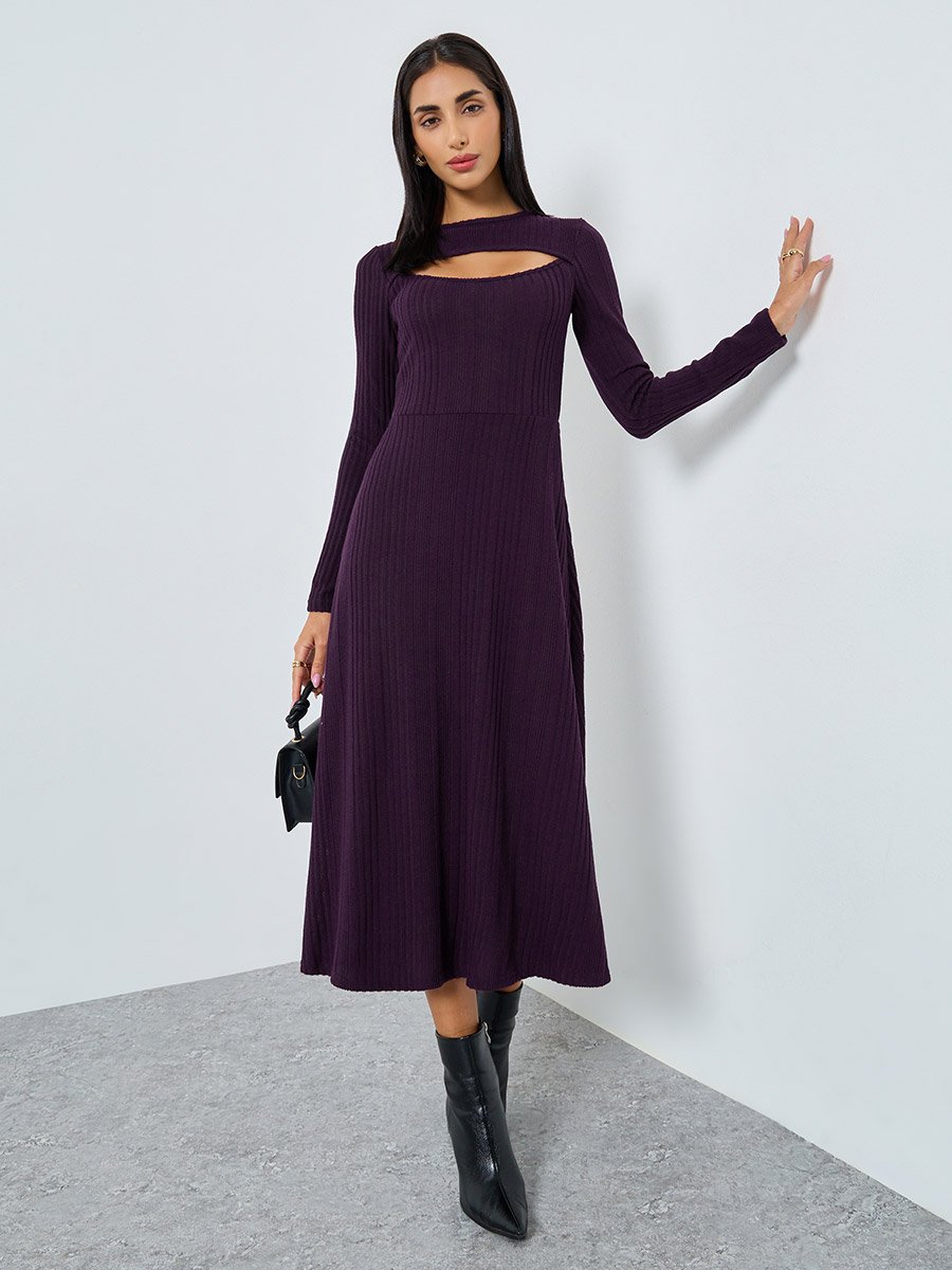 Purple Ribbed Knit Midi Dress with Cutout For Women at Saudi | Styli Purple Ribbed Knit Midi Dress with Cutout For Women at Saudi | Styli