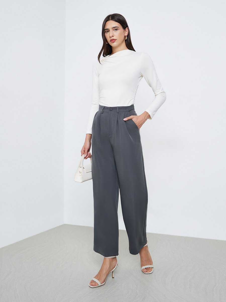 Women Grey Solid Pleated Wide Leg Pants