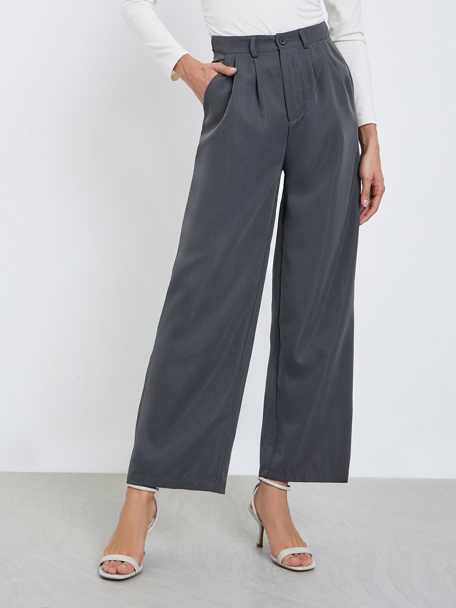 Women Grey Solid Pleated Wide Leg Pants