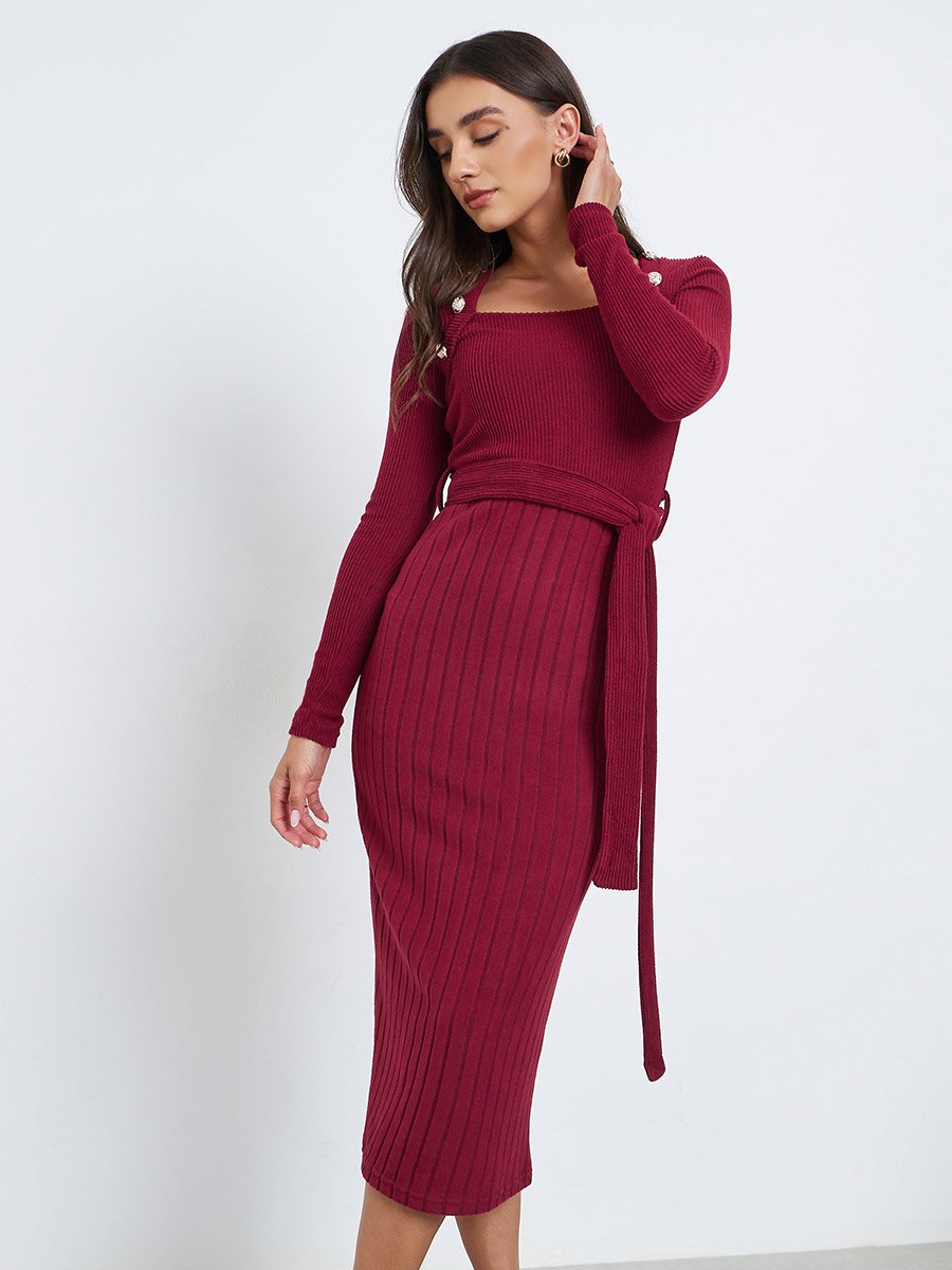 Burgundy Ribbed Knit Long Sleeve Midi Dress For Women at Kuwait | Styli Burgundy Ribbed Knit Long Sleeve Midi Dress For Women at Kuwait | Styli