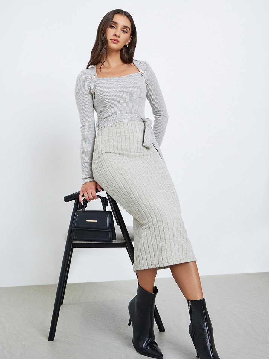 Grey Ribbed Knit Long Sleeve Midi Dress 