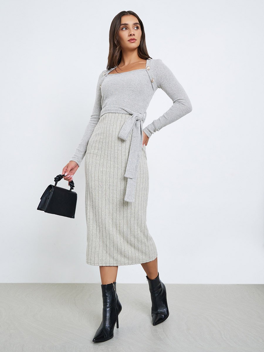 Grey Ribbed Knit Long Sleeve Midi Dress 