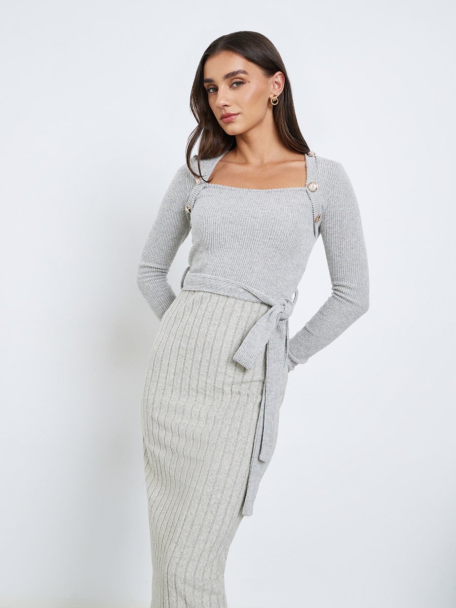 Grey Ribbed Knit Long Sleeve Midi Dress 