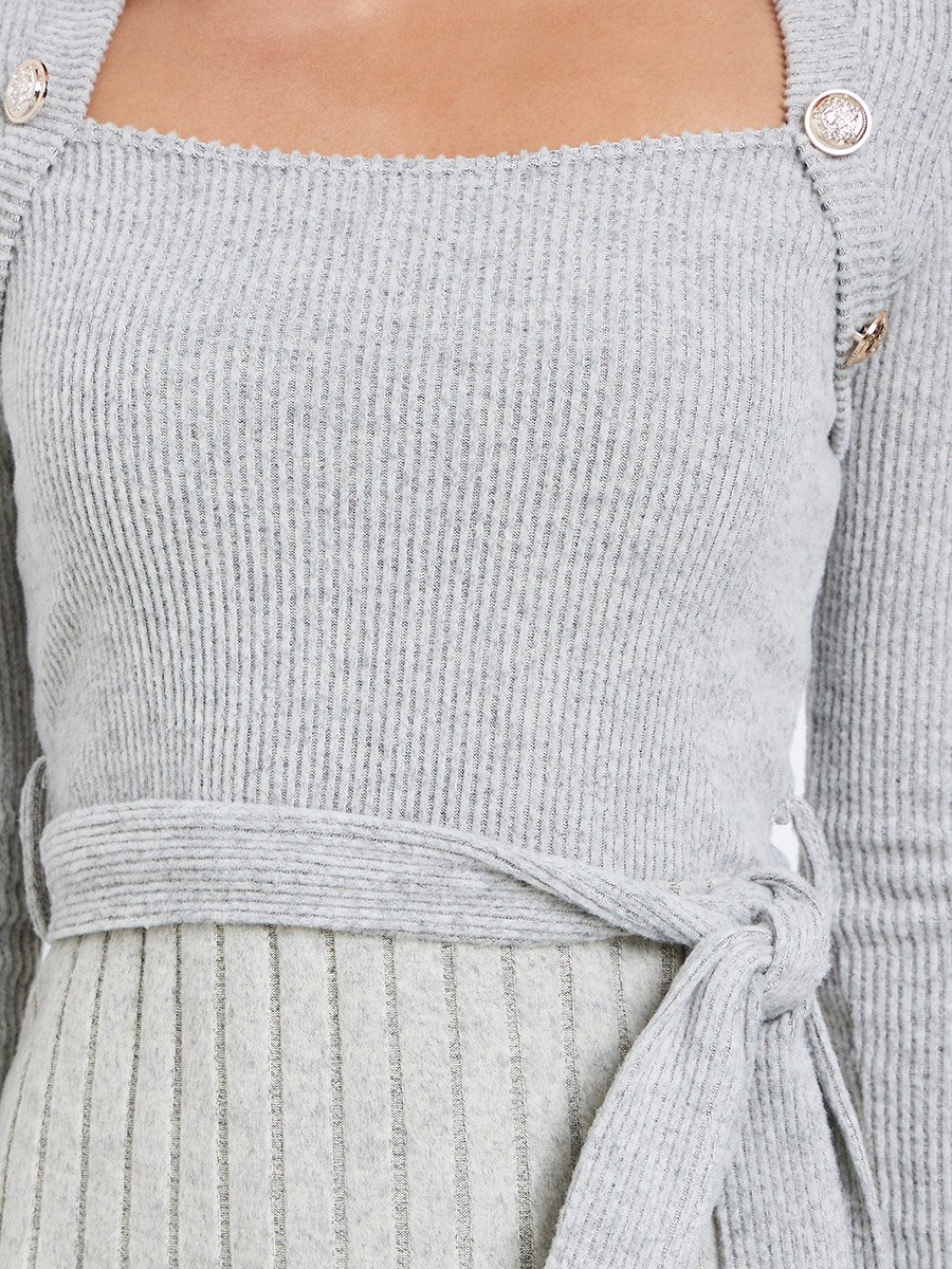 Grey Ribbed Knit Long Sleeve Midi Dress 