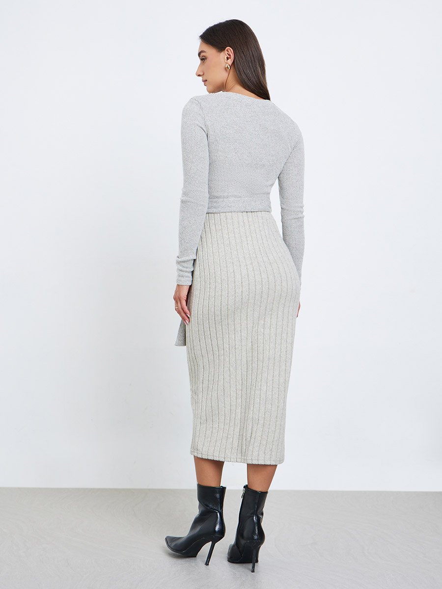 Grey Ribbed Knit Long Sleeve Midi Dress 