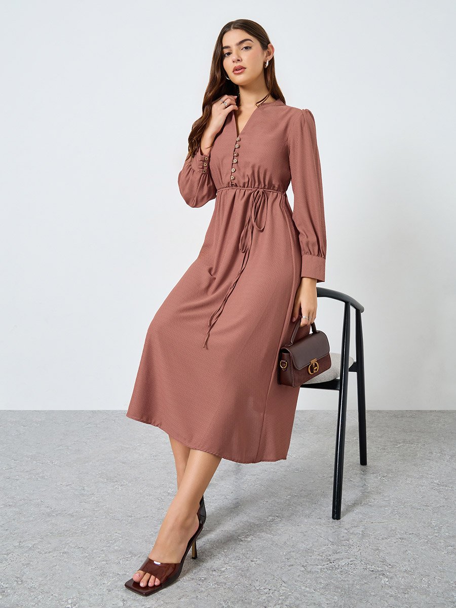 Beige Long Sleeves Buttoned Maxi Dress