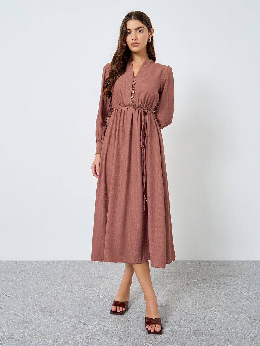 Beige Long Sleeves Buttoned Maxi Dress
