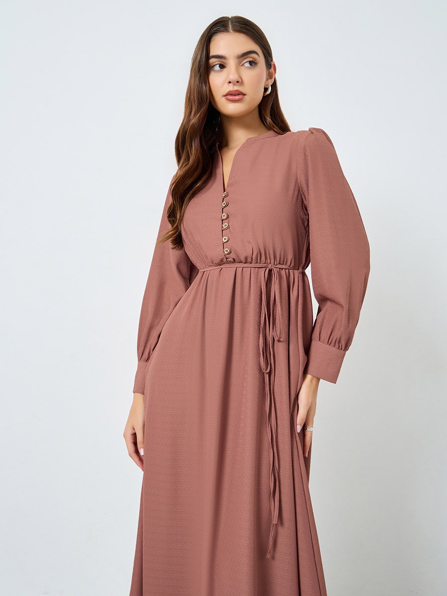 Beige Long Sleeves Buttoned Maxi Dress