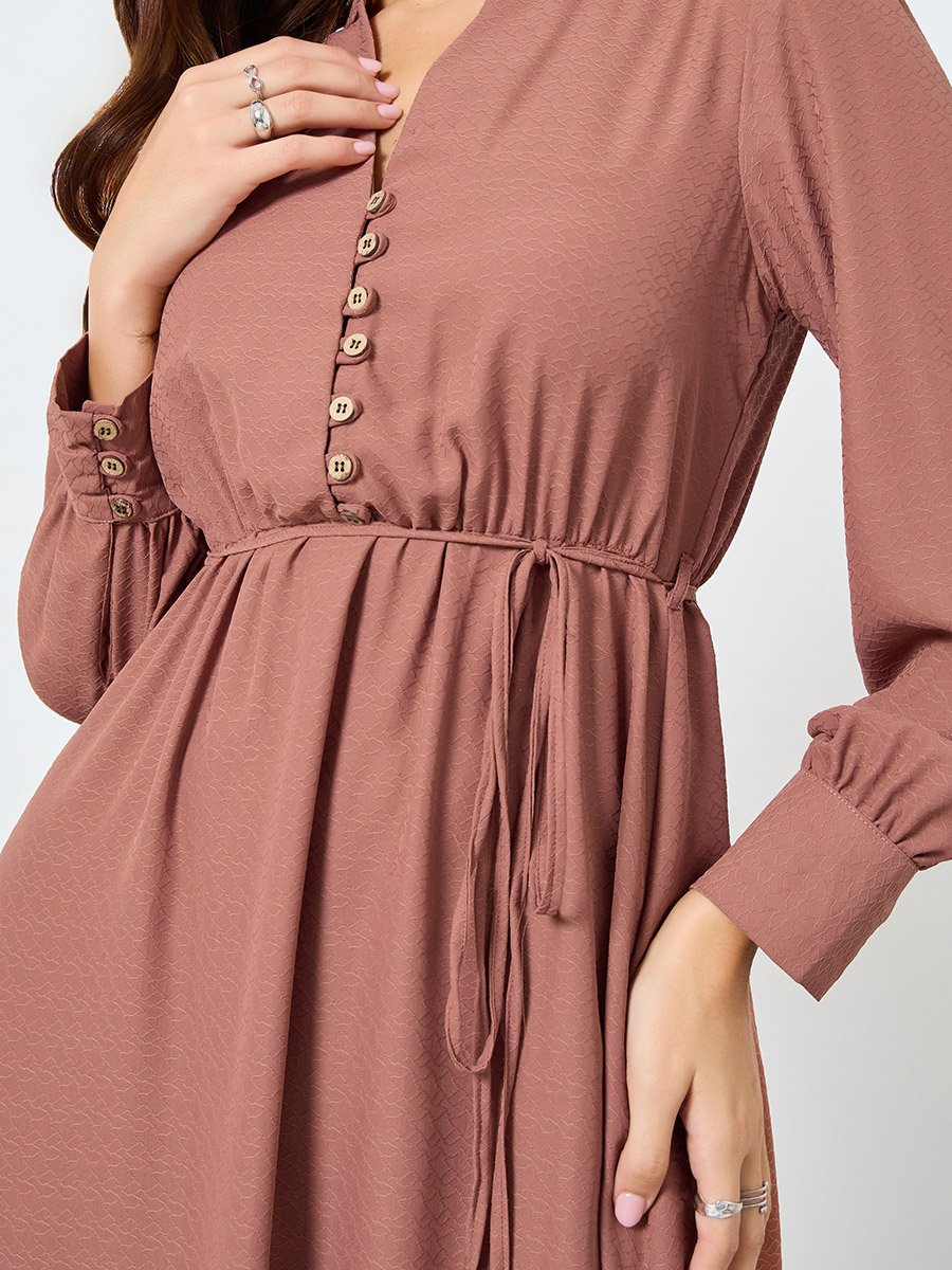 Beige Long Sleeves Buttoned Maxi Dress