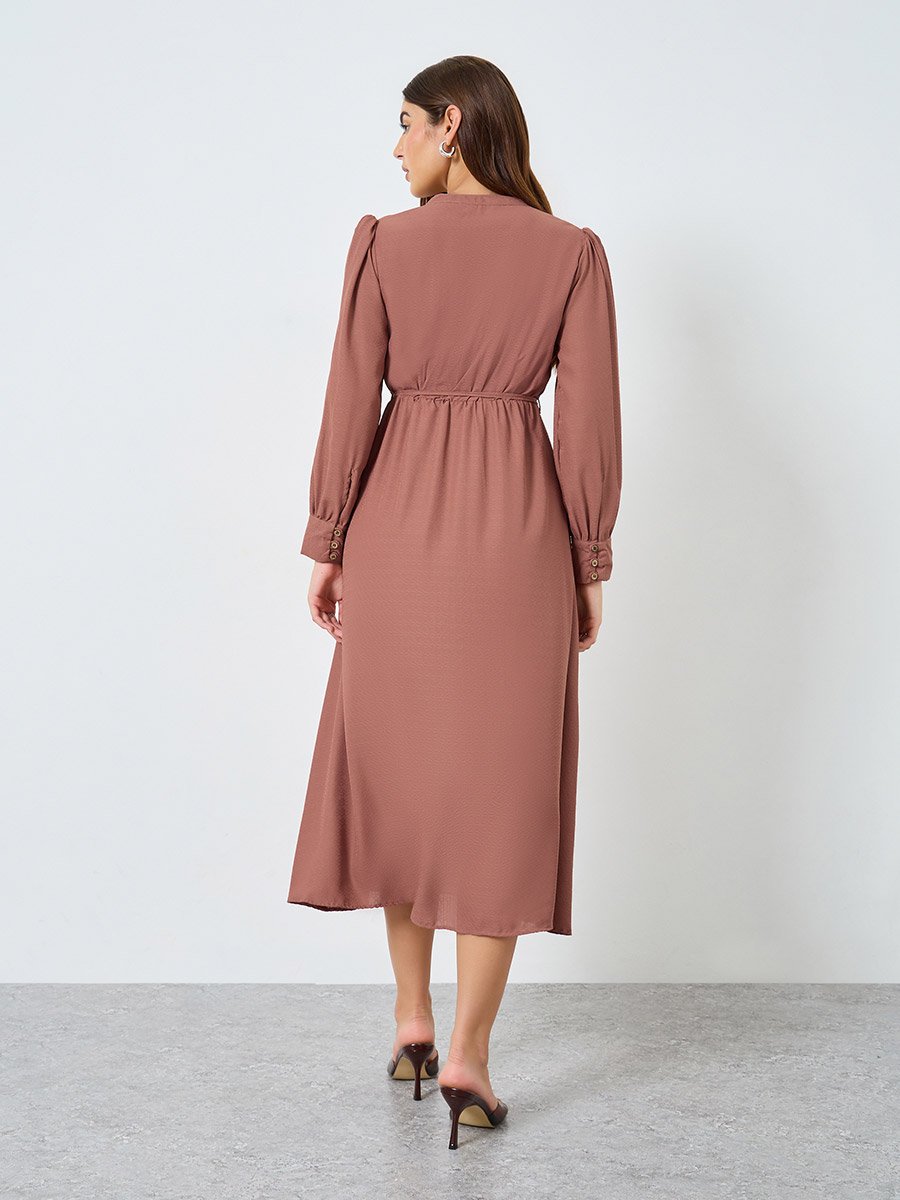 Beige Long Sleeves Buttoned Maxi Dress
