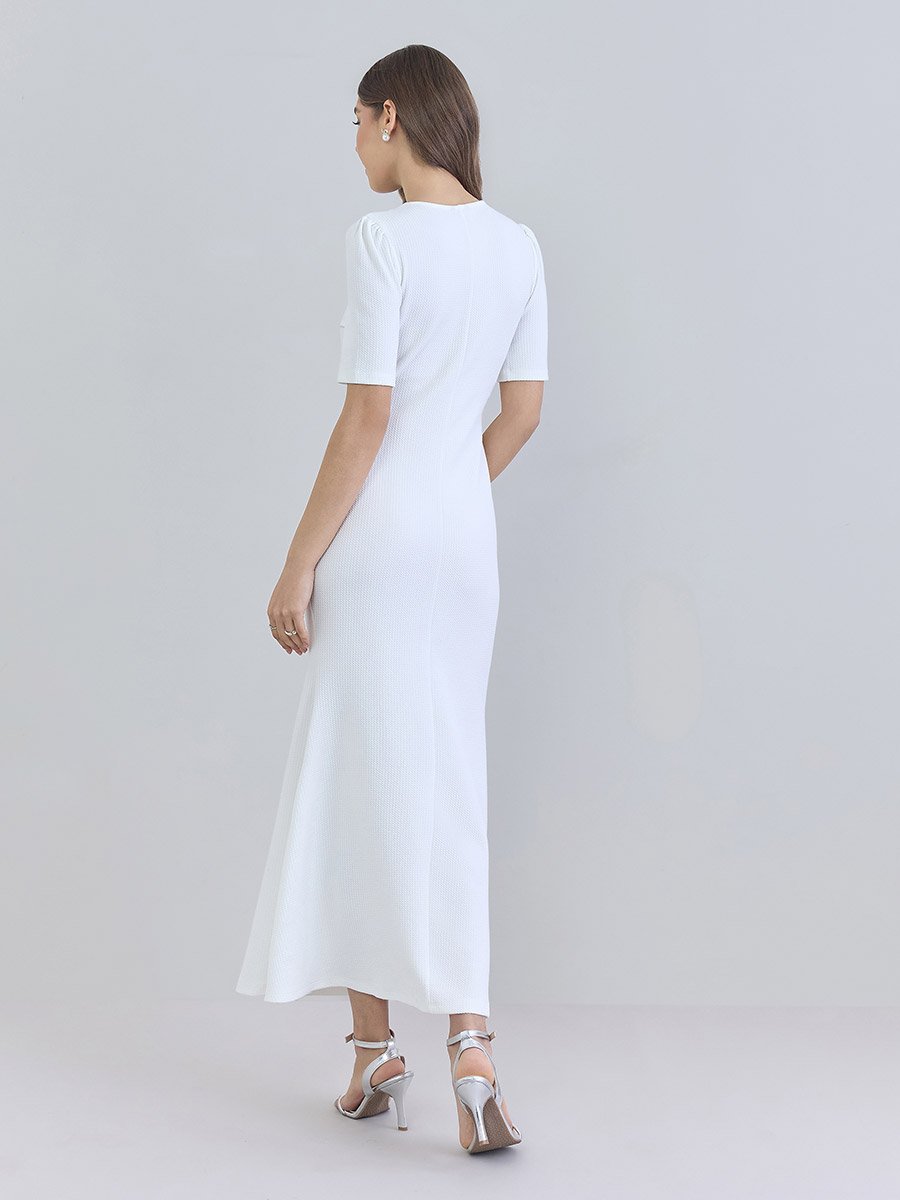Women White Sheath Maxi Dress with Bow Detail