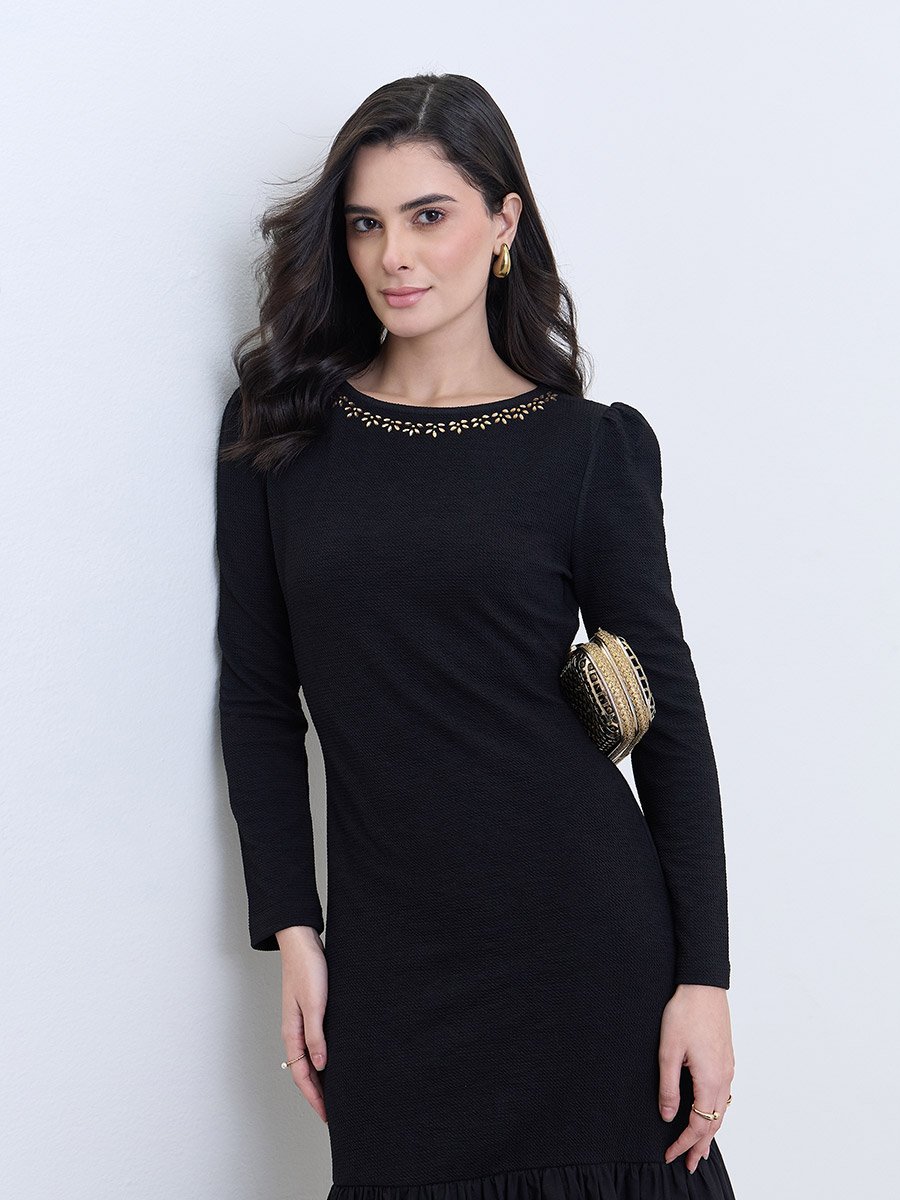 Women Black Embellished Neckline Midi Dress