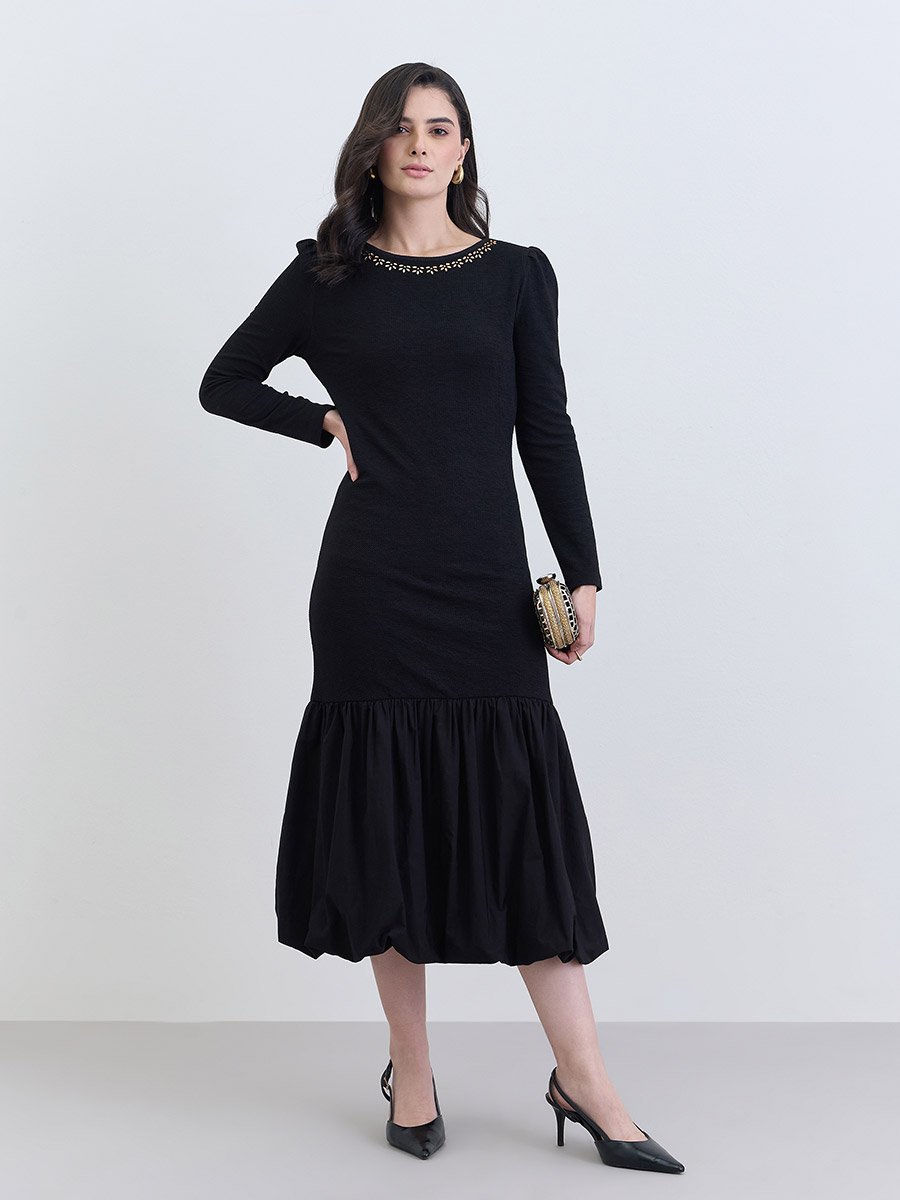 Women Black Embellished Neckline Midi Dress