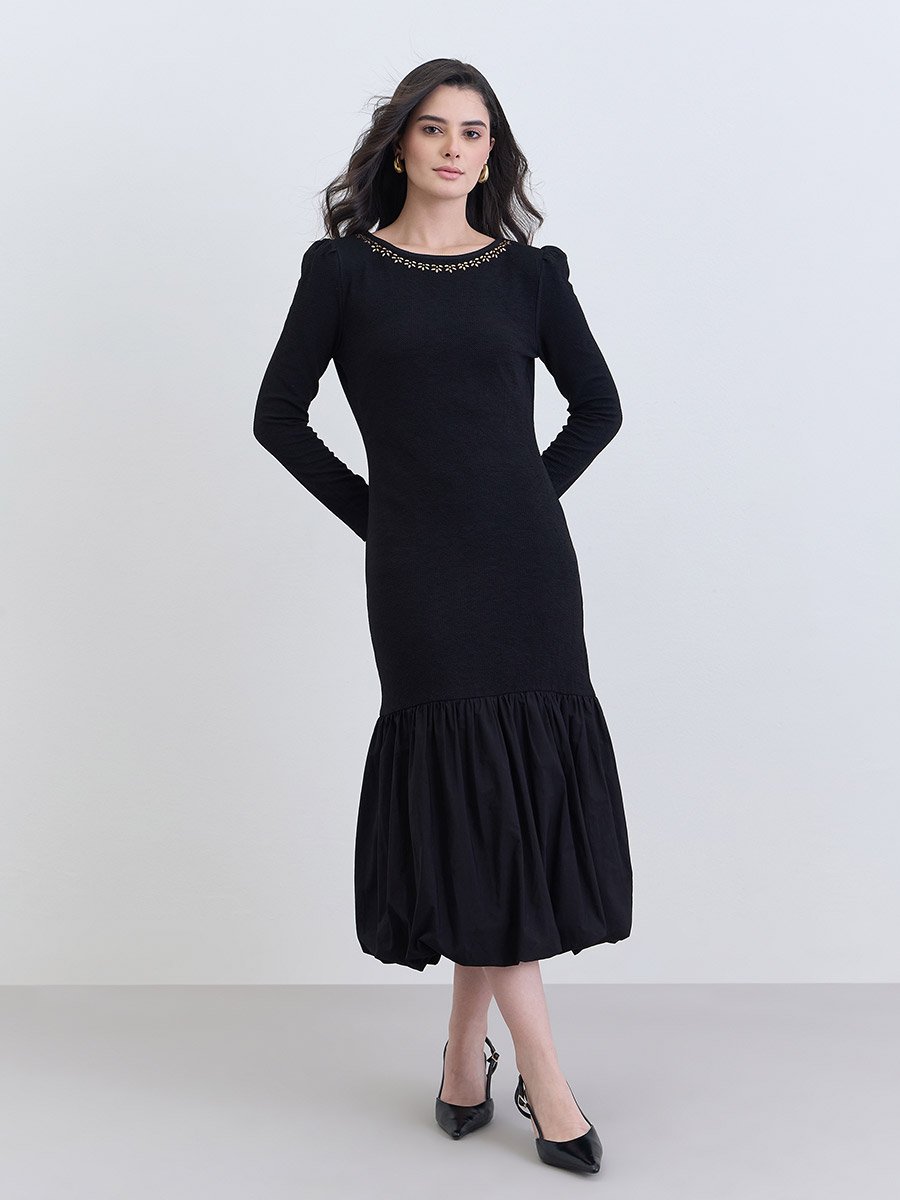 Women Black Embellished Neckline Midi Dress