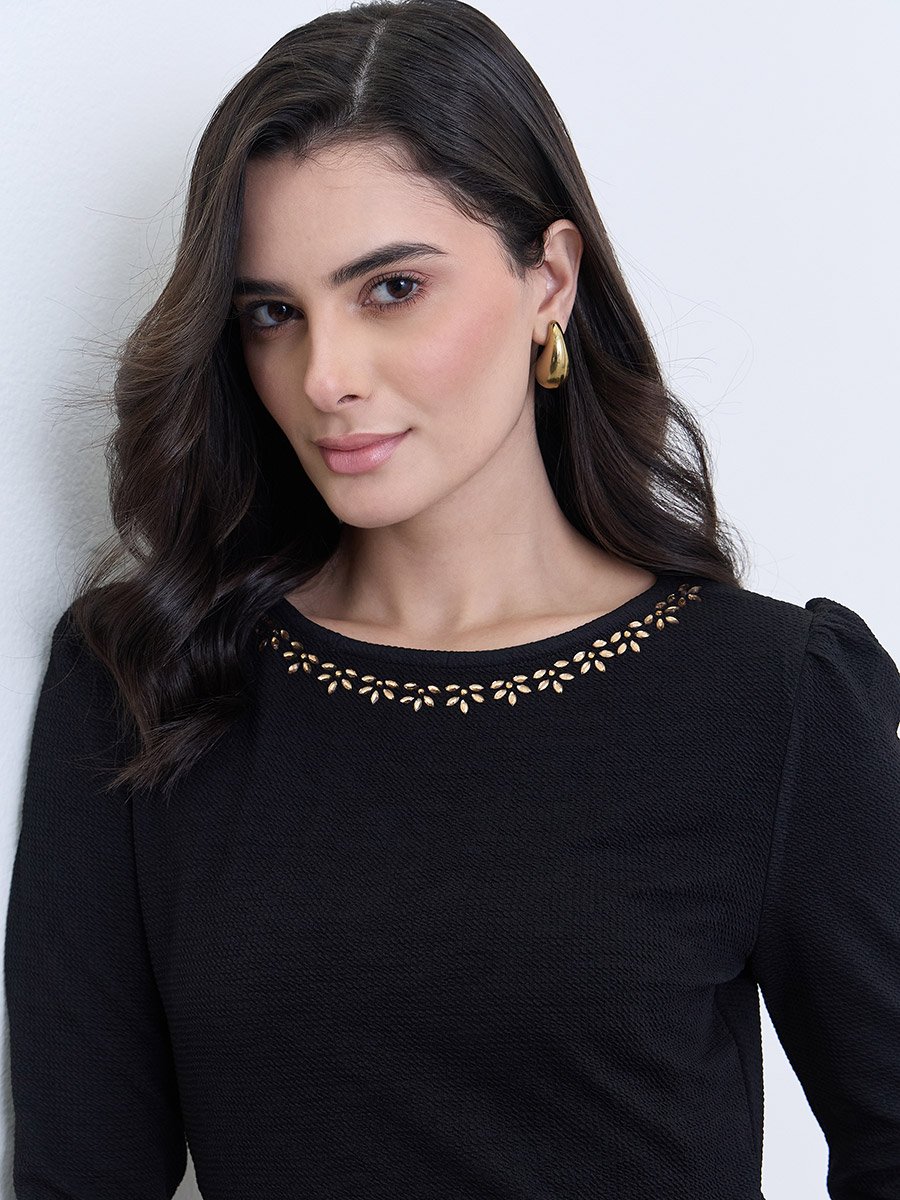 Women Black Embellished Neckline Midi Dress