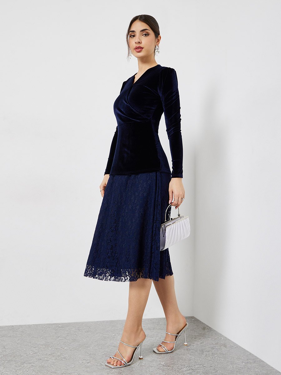 Velvet Lace Hem Wrap Detail Midi Dress
