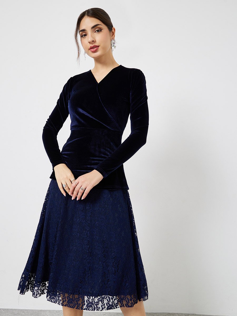 Velvet Lace Hem Wrap Detail Midi Dress